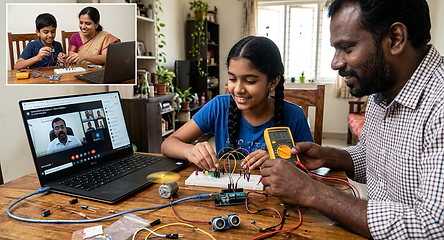 Firefly_GeminiFlash_CREATE IMAGE EMBEDDED ONLINE CLASS LEARNING STUDENTS WITH PARENTS NEAR