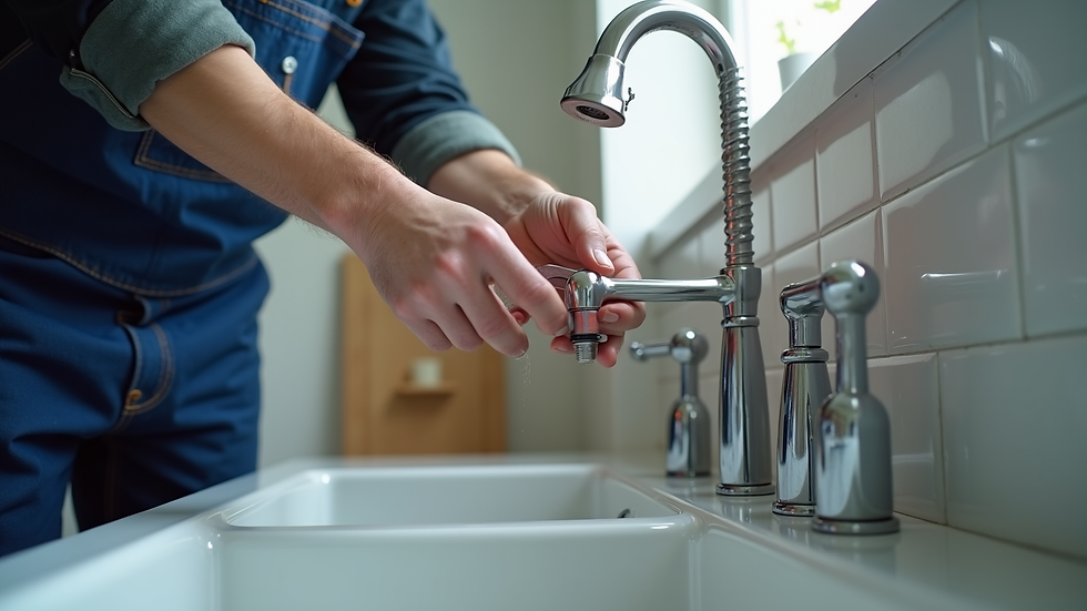 Close-up view of a plumber fixing a kitchen sink faucet