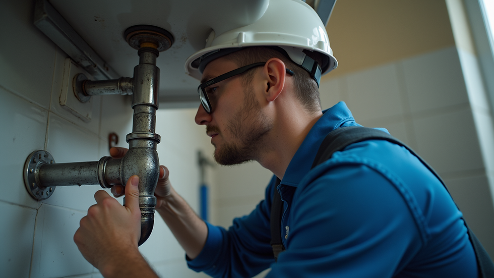Eye-level view of a plumber inspecting a pipe under a sink
