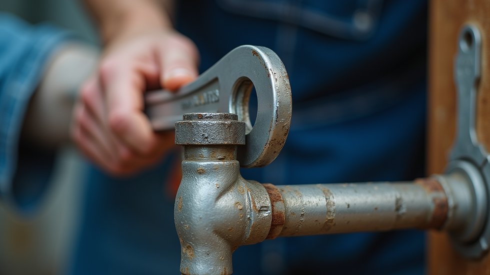 Close-up view of a plumber using a wrench to tighten a pipe fitting