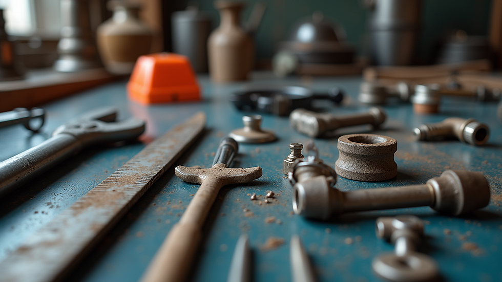 Close-up view of plumbing tools and parts laid out on a workbench