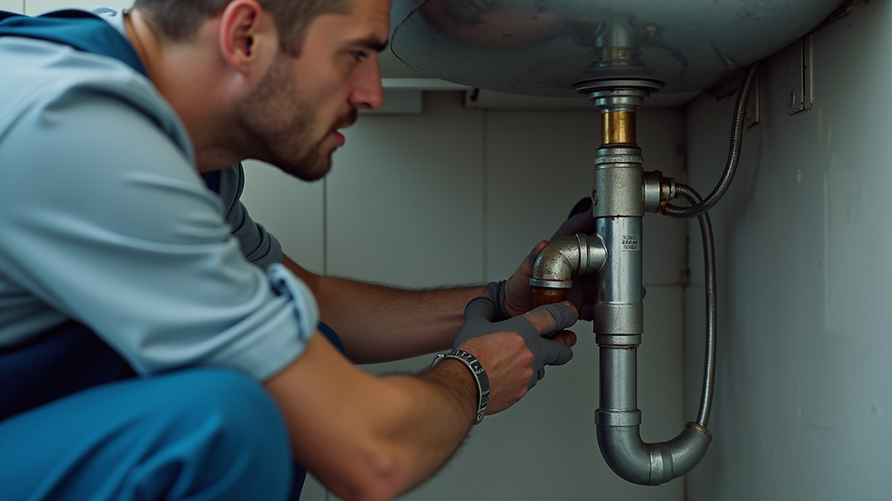 Close-up view of a plumber fixing a leaking pipe under a sink