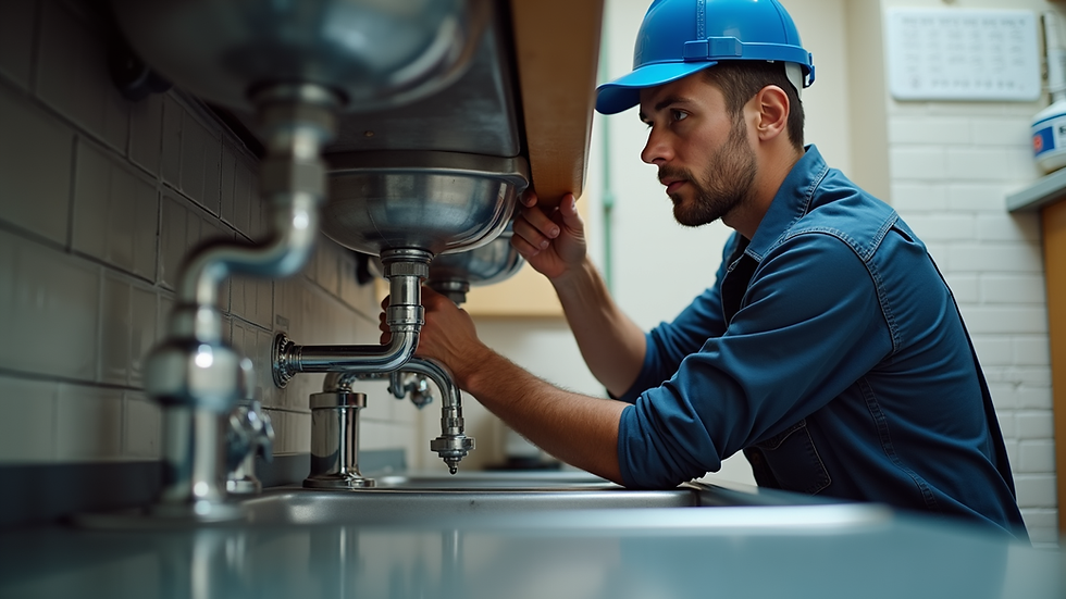 Eye-level view of a plumber inspecting a kitchen sink pipe