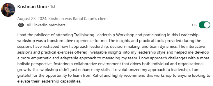 Client feedback on a leadership development workshop led by Rahul Karan Sharma.