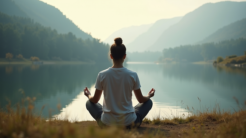 Eye-level view of a person meditating outdoors near a calm lake