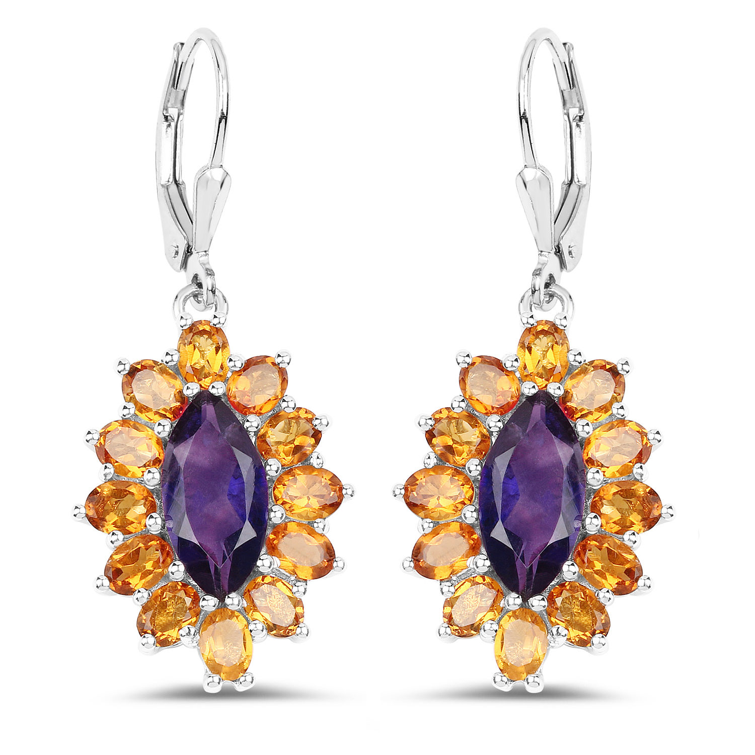 Earrings - 6.54 Carat Genuine Amethyst & Madeira Citrine .925 Sterling Silver