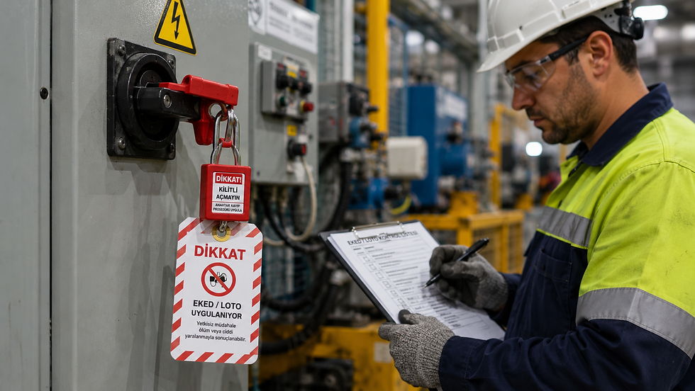 EKED/LOTO uygulamasında kilitlenmiş elektrik panosu ve kontrol listesiyle kayıp kilit prosedürünü uygulayan iş güvenliği personeli.