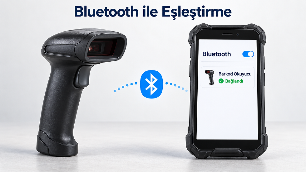 Bluetooth ile eşleştirilen barkod okuyucu ve el terminali