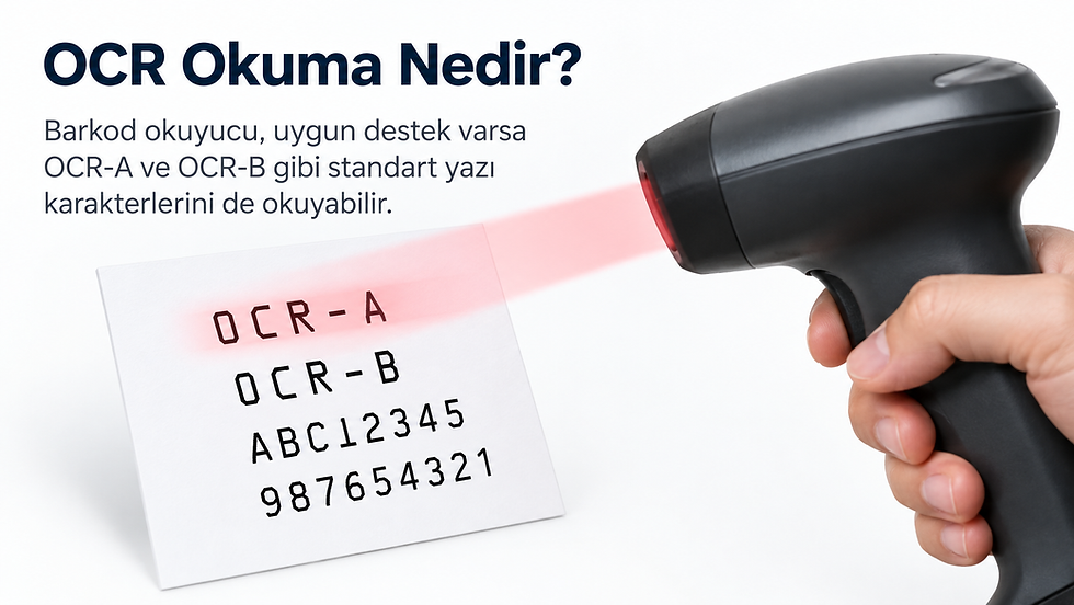 Barkod okuyucunun basılı harf ve rakamları OCR teknolojisiyle okumasını gösteren örnek görsel