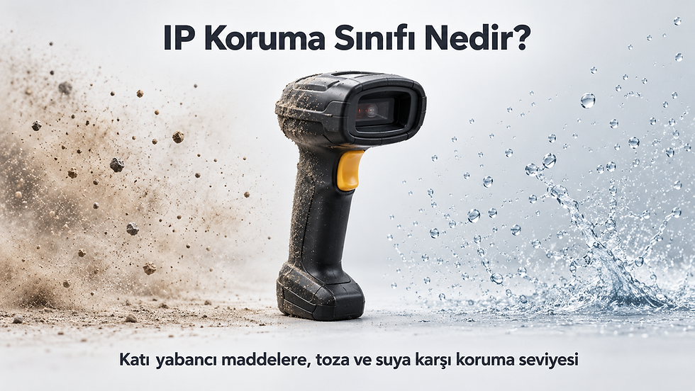 Barkod okuyucuda katı yabancı maddeler, toz ve suya karşı IP koruma sınıfını gösteren görsel