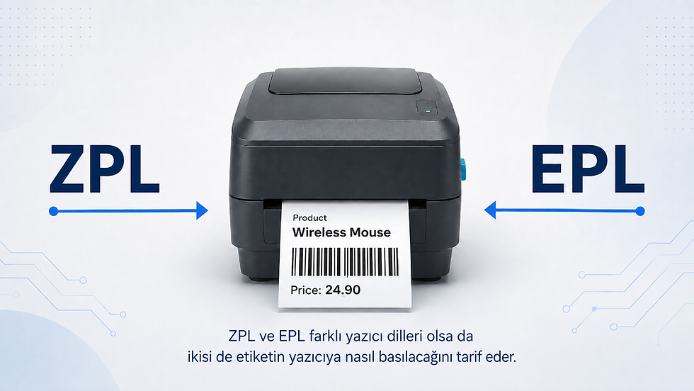 ZPL ve EPL yazıcı dillerinin barkod etiket baskısındaki kullanımını gösteren karşılaştırmalı görsel
