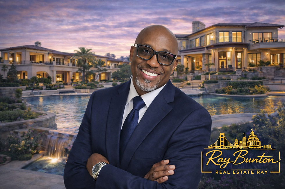 Picture of Ray Bunton "The Real Estate Ray" standing in front of luxury real etate with arms folded and the real estate ray logo in the corner. Contact me button and rescent sold properties
