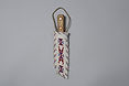 Deer hide sheath stitched in white, red, and blue seed beads, decorated with classic stepped geometric motifs and diagonal bar accents; fitted with a simple wood-handled knife
6" Blade, 7.75" Sheath Length, 2.6" width