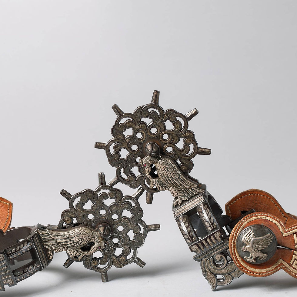 Close-up of Mexican eagle on charro spur shank with red ruby set in the eye