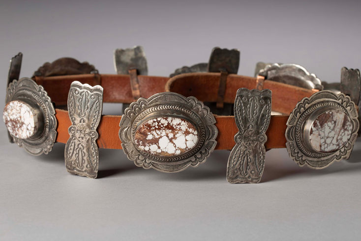 White turquoise Wild Horse and Sterling Silver belt with brown leather band