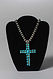 Vintage Navajo sterling silver and turquoise cabachon cross pendant on a strand of stamped sterling silver Navajo pearl necklace. Twenty nine smaller turquoise stones and one larger center turquoise stone. Silver cylanders on each end; 28" Length end to end, Cross measures 4 1/2" length, 3 1/4" width