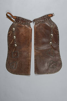 Stone's Saddlery Lewiston, Montana Brown Leather Chaps with Silver Conchos and Studs, Ca 1940-50s