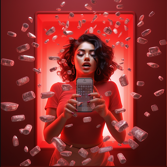 Young woman on her cell phone while pills are floating around her