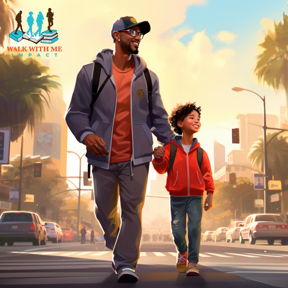 AI generated image of adult black male with a black male child walking down the street