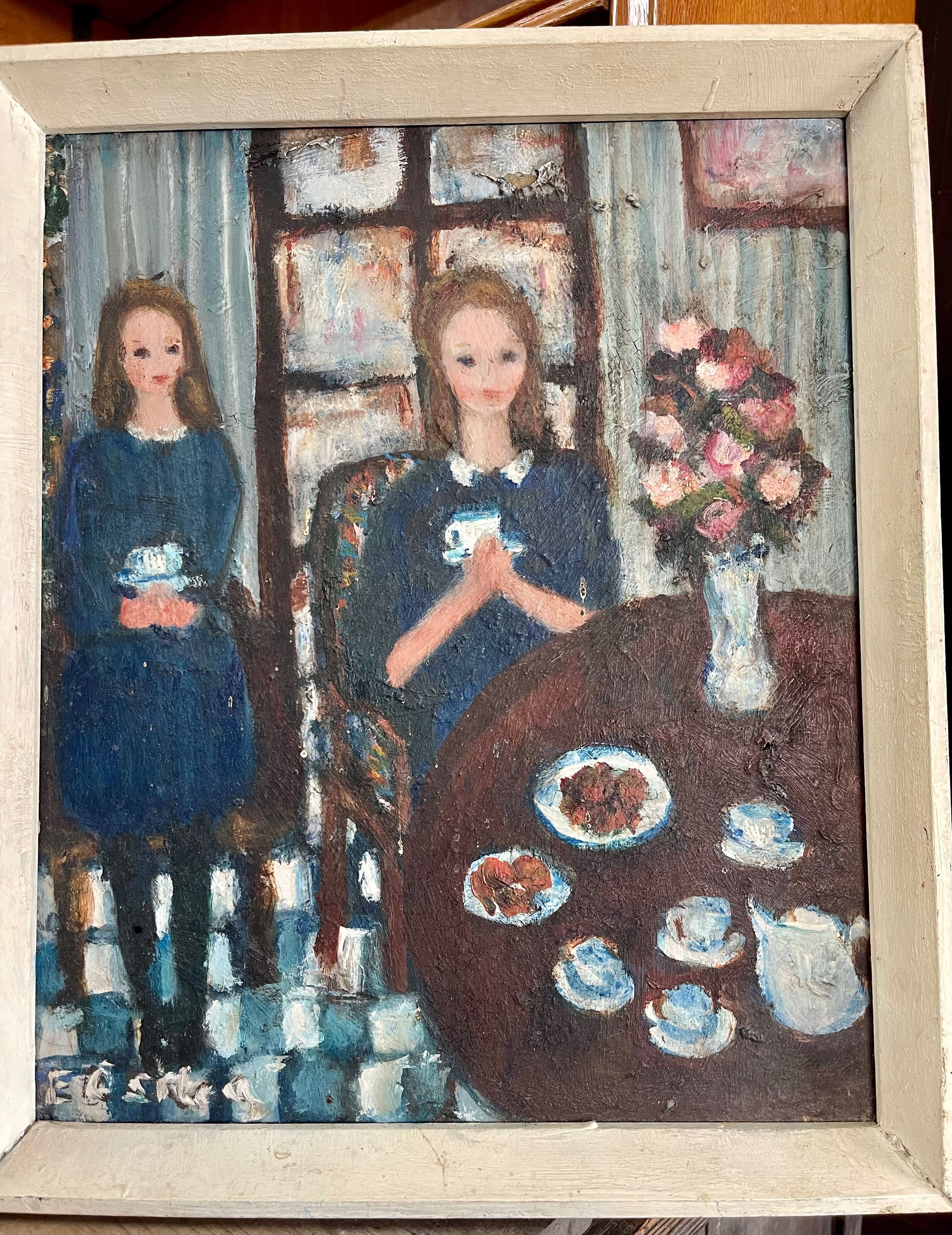 Mid century oil on board tea party painting 