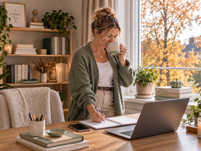 Woman writes in a notebook and sips coffee at a cosy desk by a window, with autumn leaves and books labelled Wellbeing, Productivity.