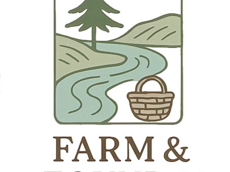 Logo of river, collecting basket, hills, and words sttaing Farm & Found Co. Estd 2025