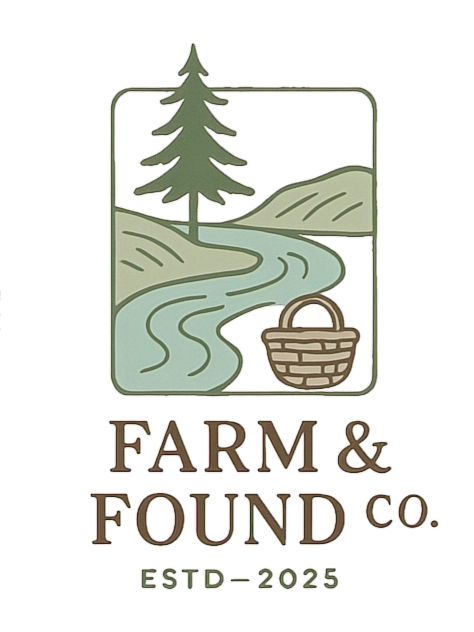 Logo of river, collecting basket, hills, and words sttaing Farm & Found Co. Estd 2025