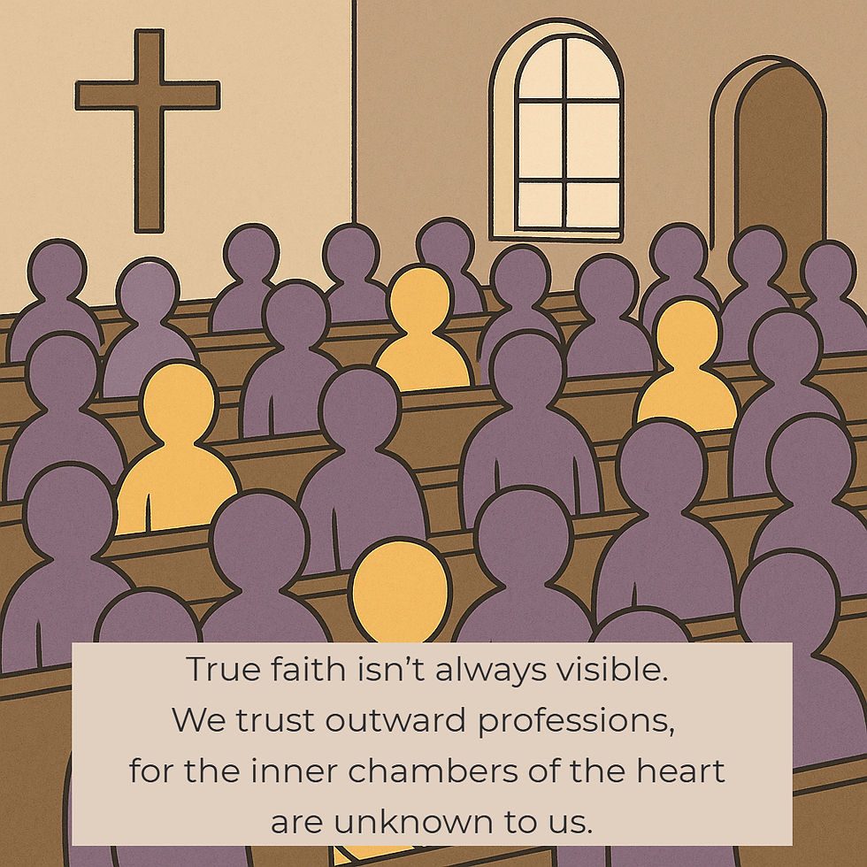 Illustration of people in church pews, some yellow among purple. Cross and window in background. Text reads: True faith isn’t always visible.