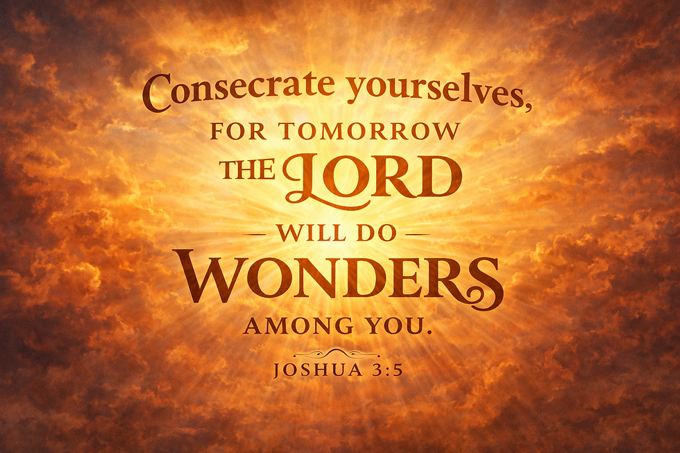In the image, the text "Consecrate yourselves, for tomorrow the Lord will do wonders among you. Joshua 3:5" is set against a radiant, golden sky.