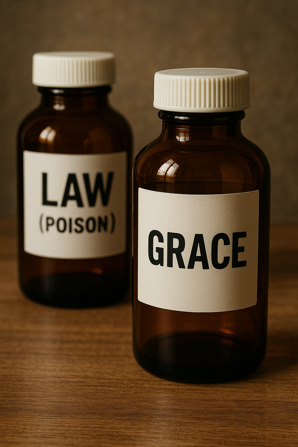 Two brown glass bottles on a wooden table; one labeled "LAW (POISON)," the other "GRACE." Soft lighting, muted background.