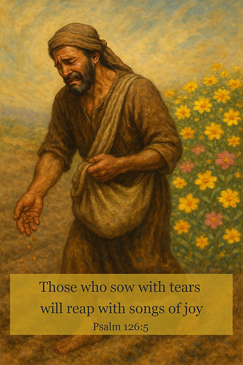A man sows seeds with a sorrowful expression. Yellow flowers bloom behind him. Text reads: "Those who sow with tears will reap with joy. Psalm 126:5."