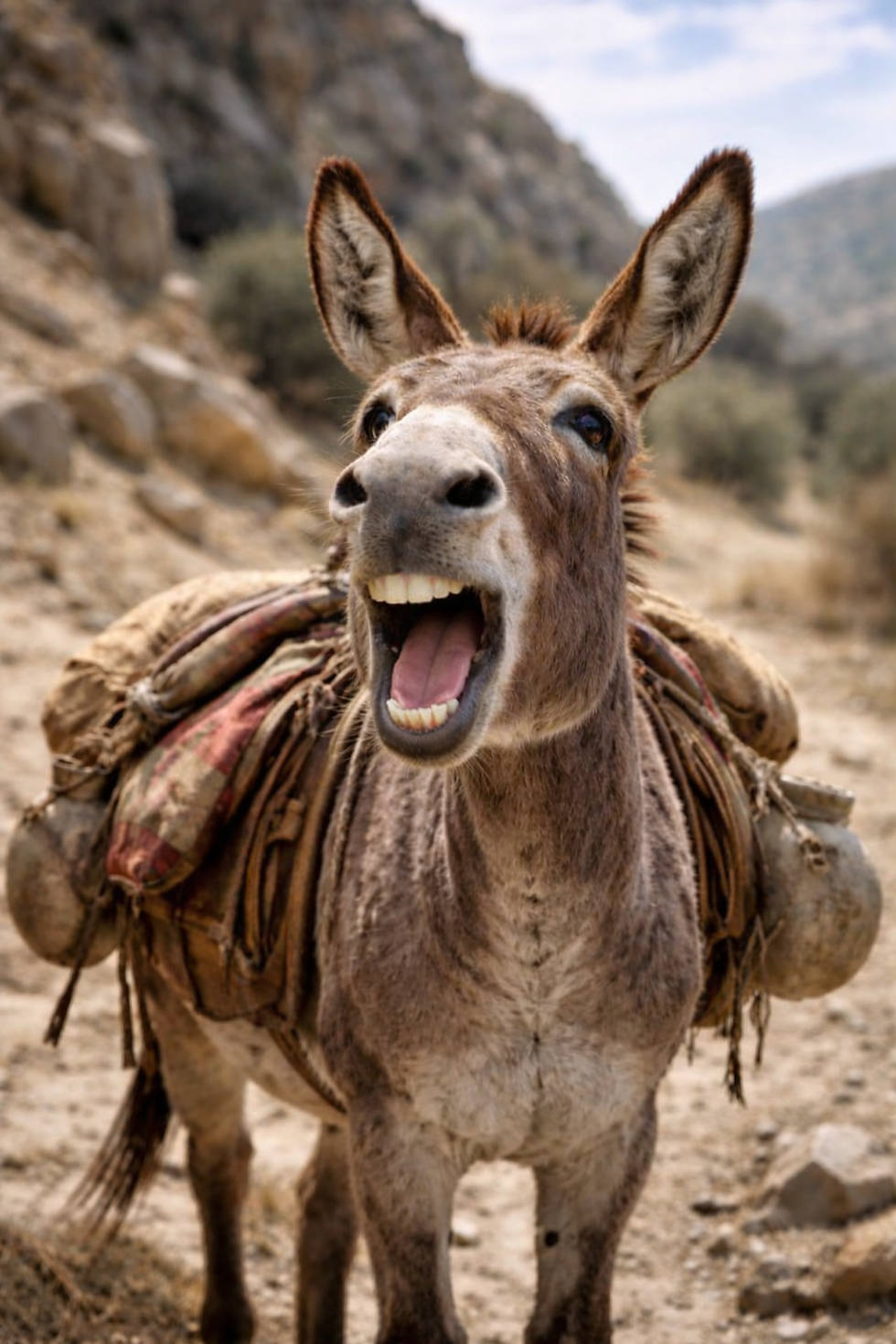 Balaam's donkey brays loudly, displaying teeth, while carrying sacks. Rocky, arid landscape with blurred mountains in the background. Mood is lively. Numbers 22