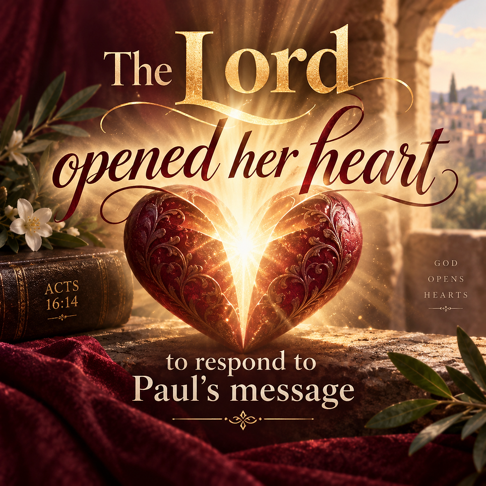 Glowing red heart sculpture with gold light and Bible verse text: The Lord opened her heart to respond to Paul’s message - Acts 16:14