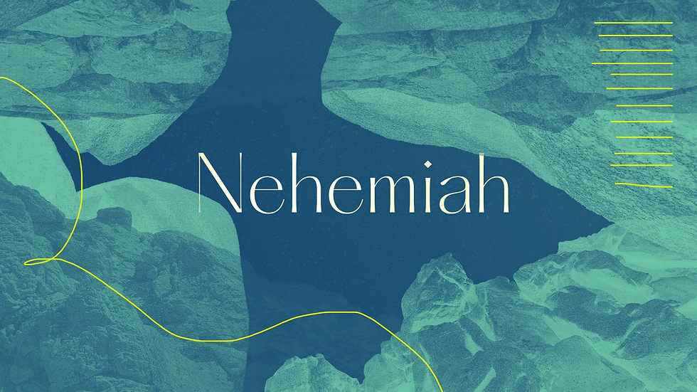 Abstract design with turquoise and dark blue rock patterns. The word "Nehemiah" is centered in white text. Yellow lines accentuate.