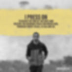 Runner in a hoodie on a foggy day, below motivational Philippians 3:14 text on yellow. Mood is determined and focused.