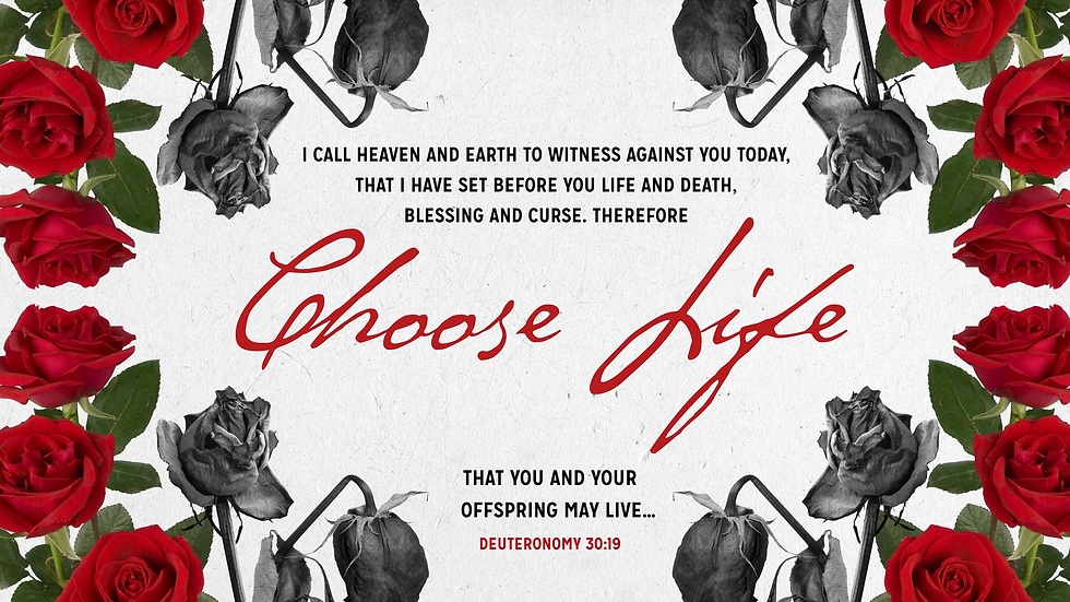 Red and black roses frame text: "Choose Life" in red, with a biblical quote in black. White background. Mood: contemplative.
