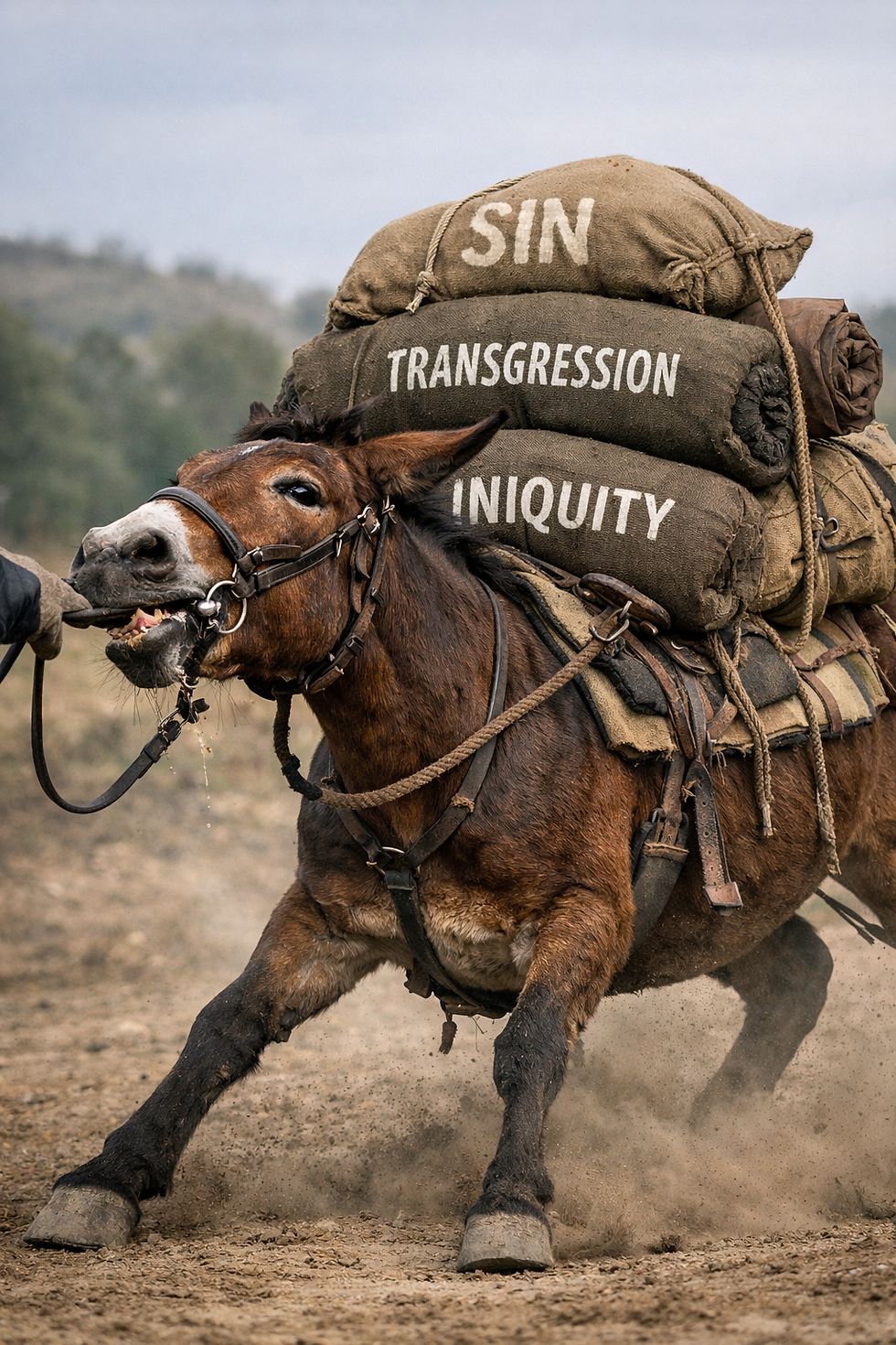 A donkey struggles under heavy burlap sacks labeled SIN, TRANSGRESSION, INIQUITY. Dusty outdoor setting, showing resistance. Psalm 32:19