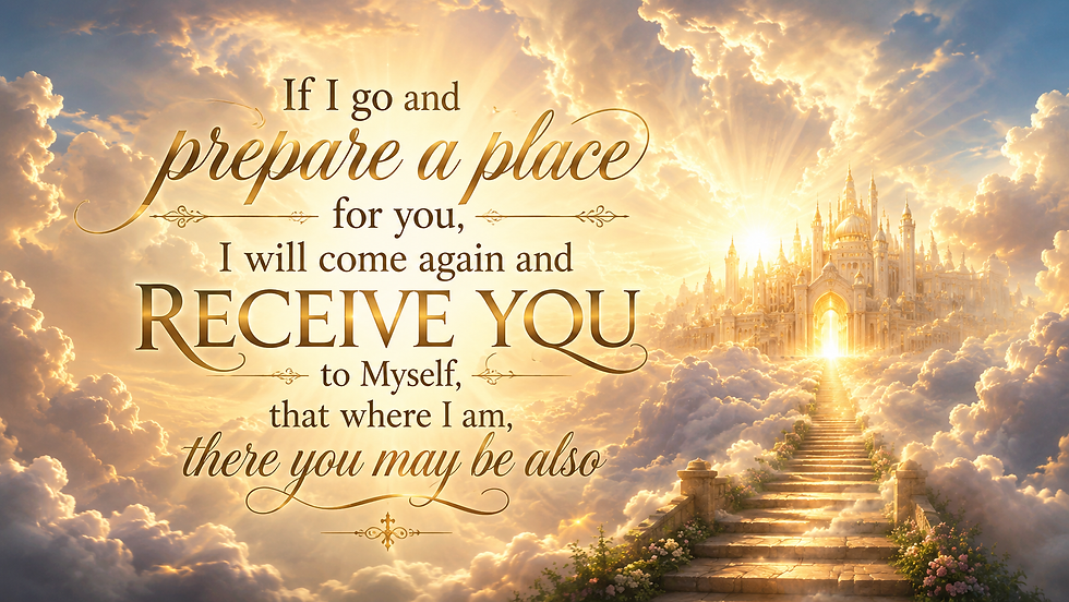 Golden clouds and staircase to a glowing palace with Bible quote: prepare a place for you; I will come again and receive you.