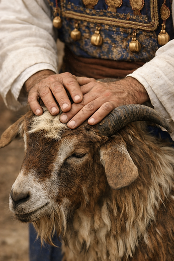 Hands gently resting on a brown goat's head with closed eyes. A person in ornate blue and gold attire pats the goat in a calm setting. Leviticus 16:21