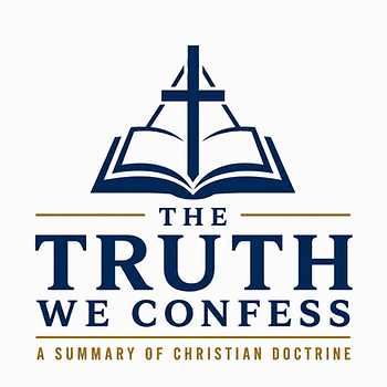Blue logo of an open book with a cross above, reading The Truth We Confess: A Summary of Christian Doctrine on white background