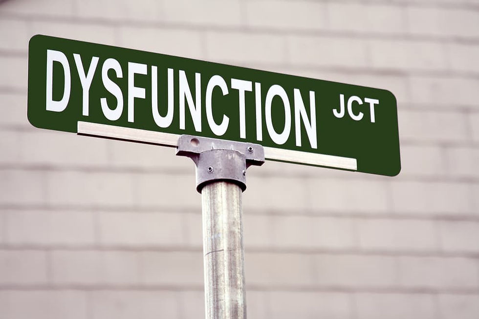 Green street sign reads "Dysfunction JCT" against a beige brick wall. The setting appears urban, the mood is ironic or humorous.