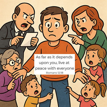 A man looks distressed, surrounded by arguing people. Text reads: "As far as it depends upon you, live at peace with everyone. Romans 12:18."