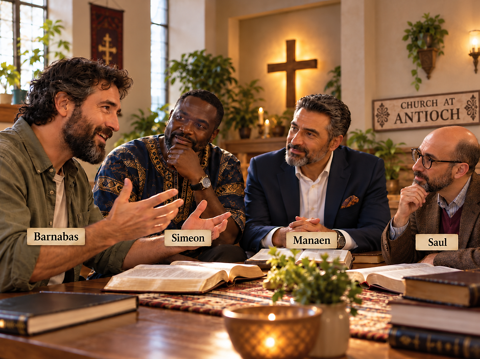 Four men talk over open Bibles in a warm church; glowing cross and Church at Antioch sign, labeled Barnabas, Simeon, Manaen, Saul. Acts 13:1