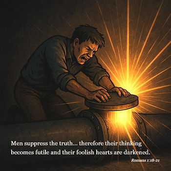 Man struggles to close a glowing pipe emitting light. Text reads: "Men suppress the truth... foolish hearts are darkened. Romans 1:18-21."