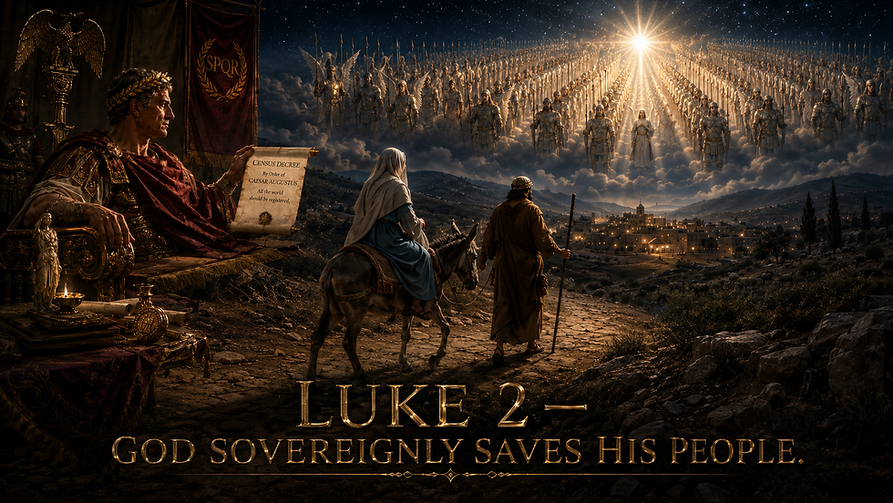 Roman emperor holds a census decree as Mary and Joseph travel by donkey toward Bethlehem; angels blaze overhead. Luke 2 title below.