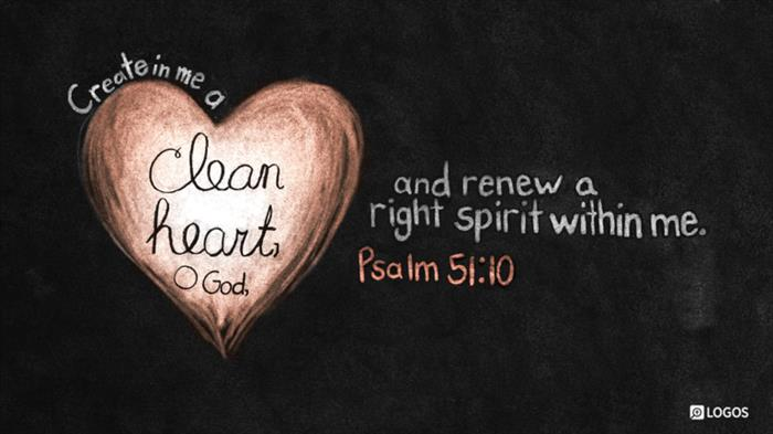 Text on blackboard: "Create in me a clean heart, O God, and renew a right spirit within me. Psalm 51:10." Heart shape, chalk texture. Logos icon.