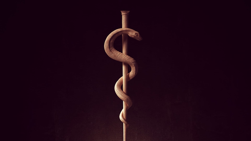 A tan snake coils around a beige staff on a dark background. The setting is minimalistic, creating a mysterious and ancient mood.