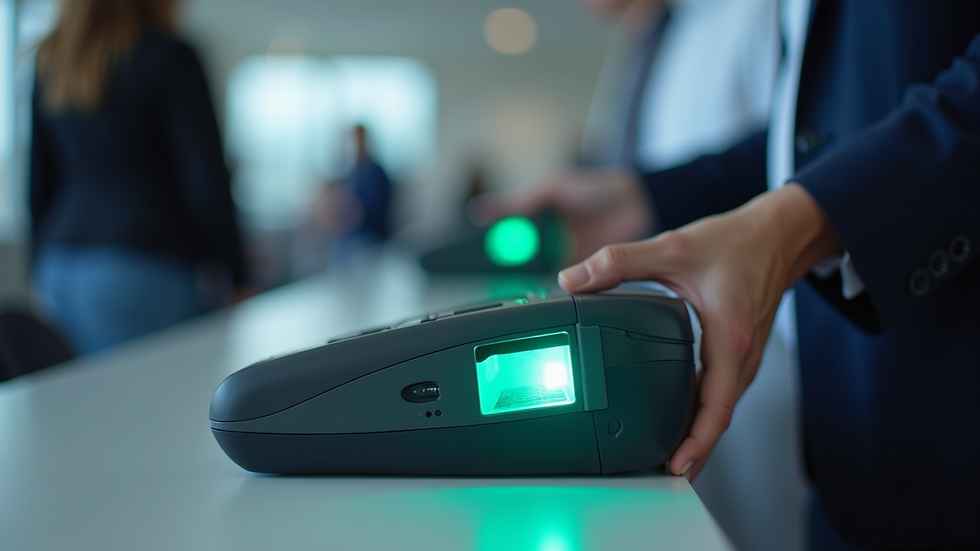 Close-up view of biometric fingerprint scanning device at a visa application center