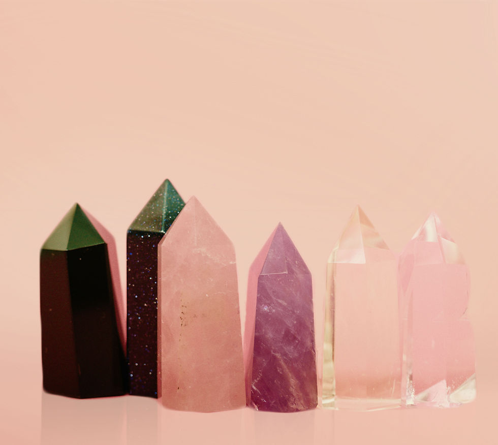 Colorful Crystal Display. Minerals. Amethyst. Rose Quartz. Moonstone. Mineral energy.