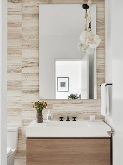 Silver Travertine 10x20 install Sink mirror- Hilary Matt